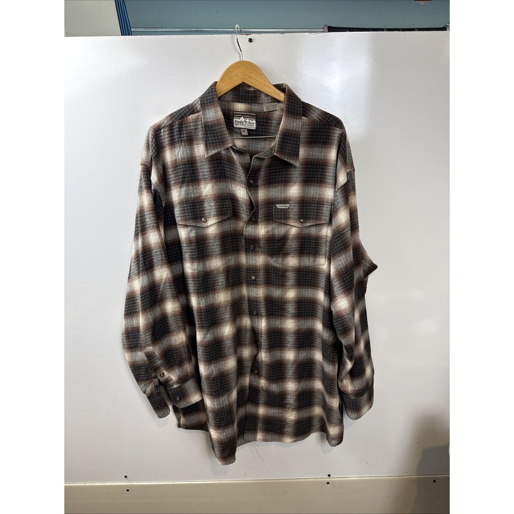 POWDER RIVER Outfitters Mens Xxl Flannel Pearl Snap Shirt Long Sleeve Plaid Brow